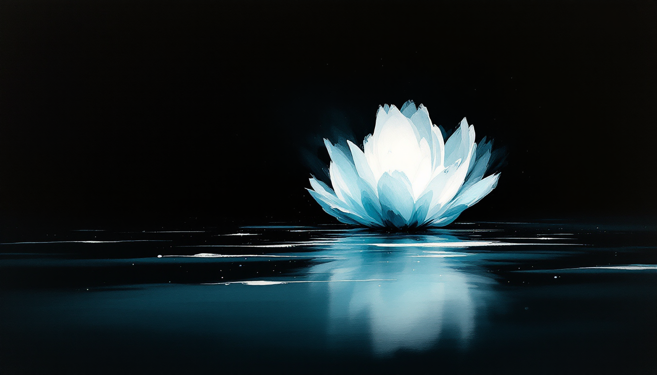 Watercolor lotus on still dark water